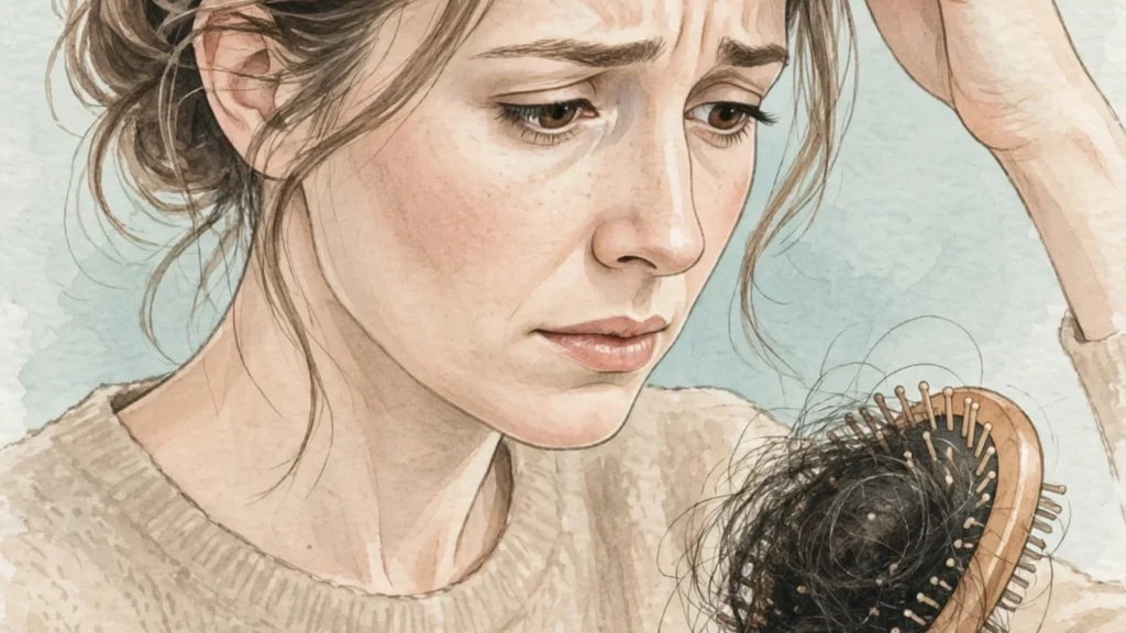 Editorial illustration of a worried woman holding a hairbrush full of shed hair, touching her thinning hairline
