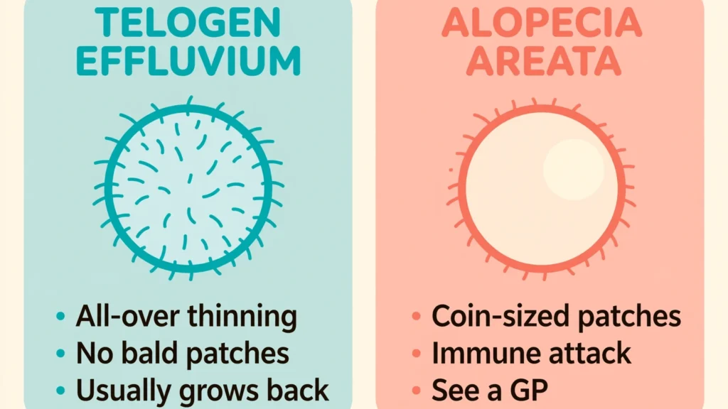 Two-panel comparison of telogen effluvium versus alopecia areata: telogen effluvium causes all-over thinning with no bald patches and usually grows back, while alopecia areata causes coin-sized patches from an immune attack and needs a GP check
