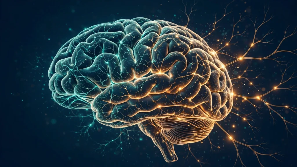 Glowing brain with branching neural pathways in teal and amber on a dark navy background, illustrating neuroplasticity
