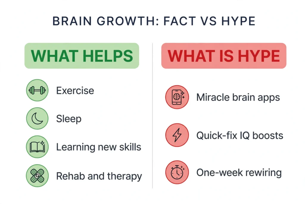 Chart of what helps brain change versus what is hype: exercise, sleep, learning new skills, rehab and therapy help; miracle brain apps, quick-fix IQ boosts and one-week rewiring are hype