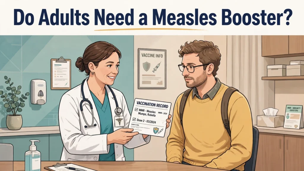 Doctor showing an adult patient a vaccination record card headed Do Adults Need a Measles Booster?