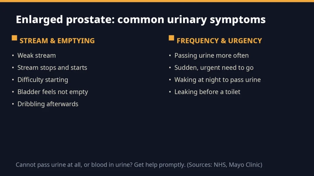 Chart summarising common enlarged prostate symptoms, including weak stream, frequent urination and night-time waking