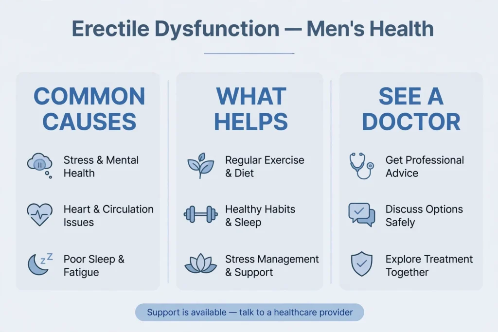 Infographic summarising erectile dysfunction: common causes, what helps, and when to see a doctor