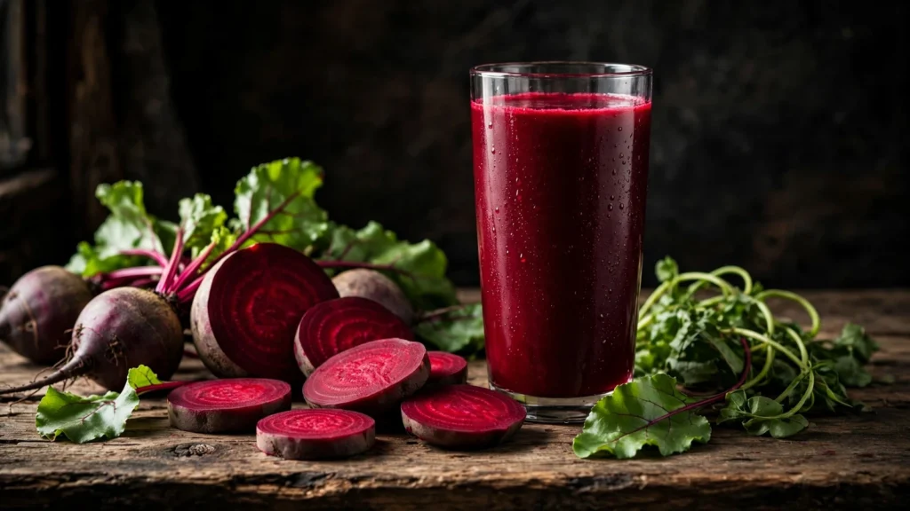 Glass of fresh deep-red beetroot juice on a rustic wooden table with sliced raw beets and beet leaves, illustrating the article on beet juice benefits and downsides