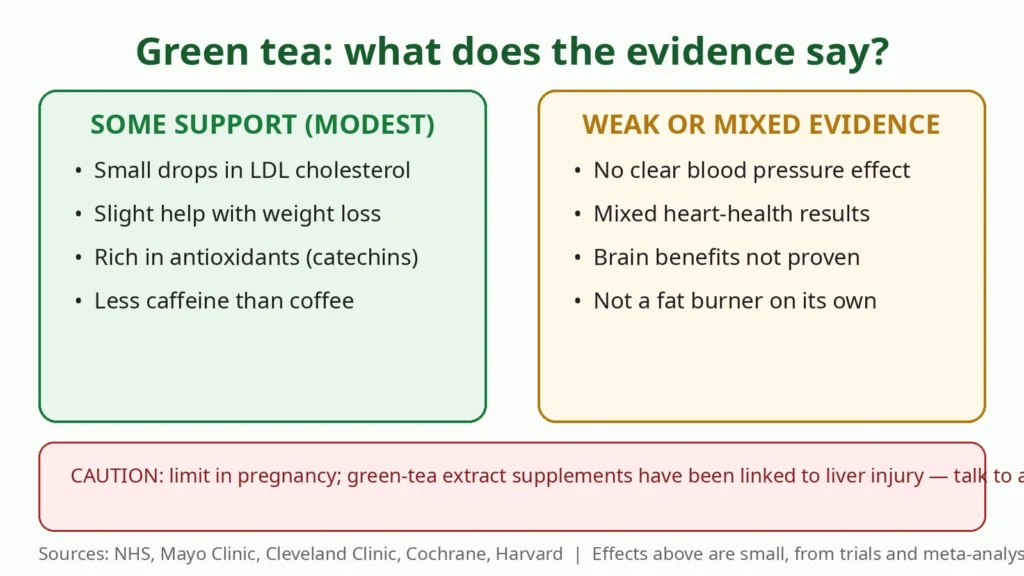 Chart summarizing the evidence for green tea: modest effects on cholesterol and weight, mixed evidence for heart and brain health, no proven blood pressure effect, and extra caution for pregnancy and supplement extracts