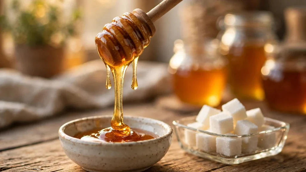 A wooden honey dipper drizzling amber honey into a ceramic bowl next to a glass dish of white sugar cubes on a rustic table in warm light