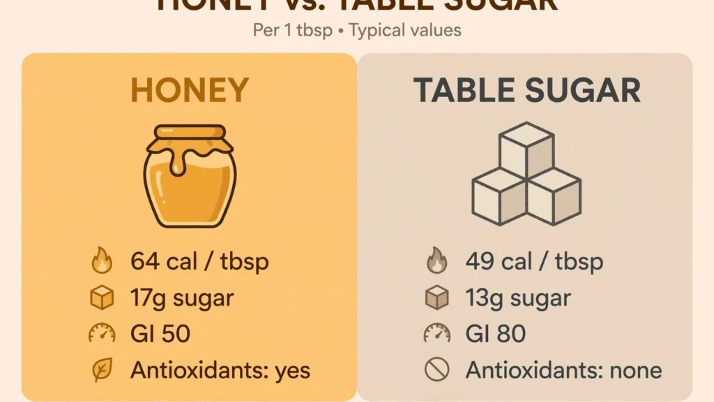 Honey vs table sugar comparison chart: calories, sugar, glycaemic index, antioxidants and who should avoid each