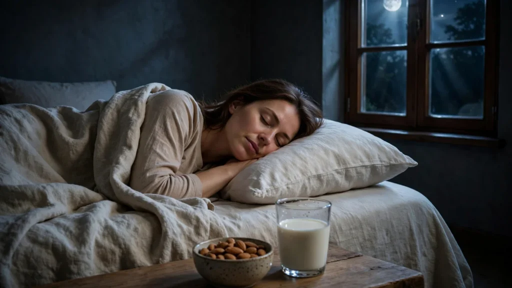 Woman sleeping peacefully in a moonlit bedroom with almonds and milk on the bedside table — magnesium-rich foods that may support restful sleep