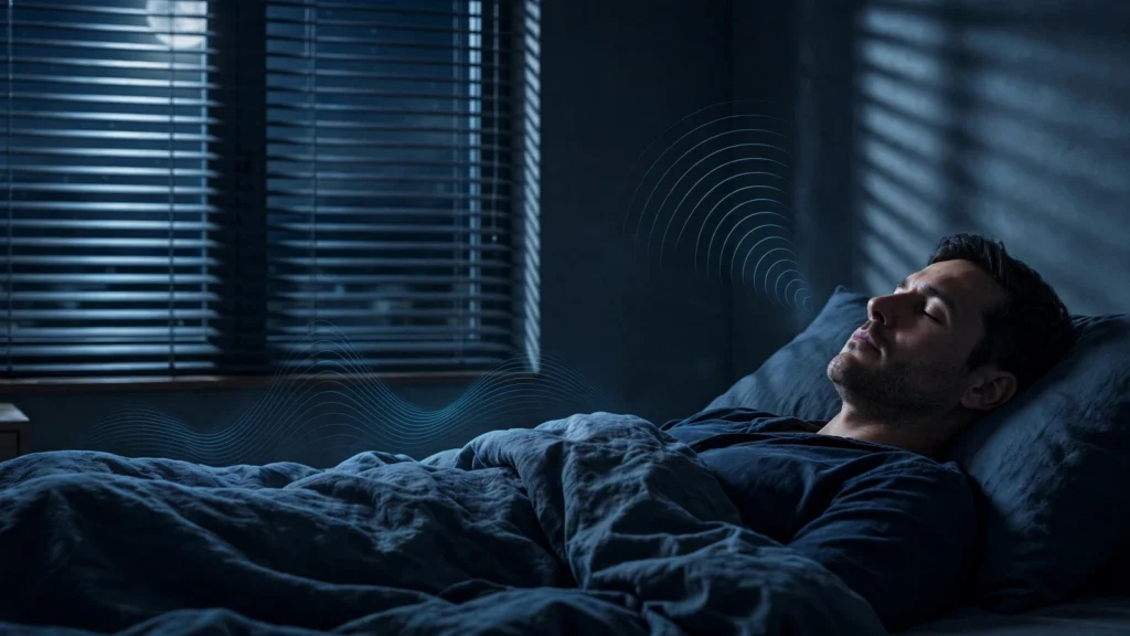 Cover image for the article 'Is Snoring Bad for You?': a person snoring in bed at night, with the article's question about harmless snoring versus warning signs of sleep apnea