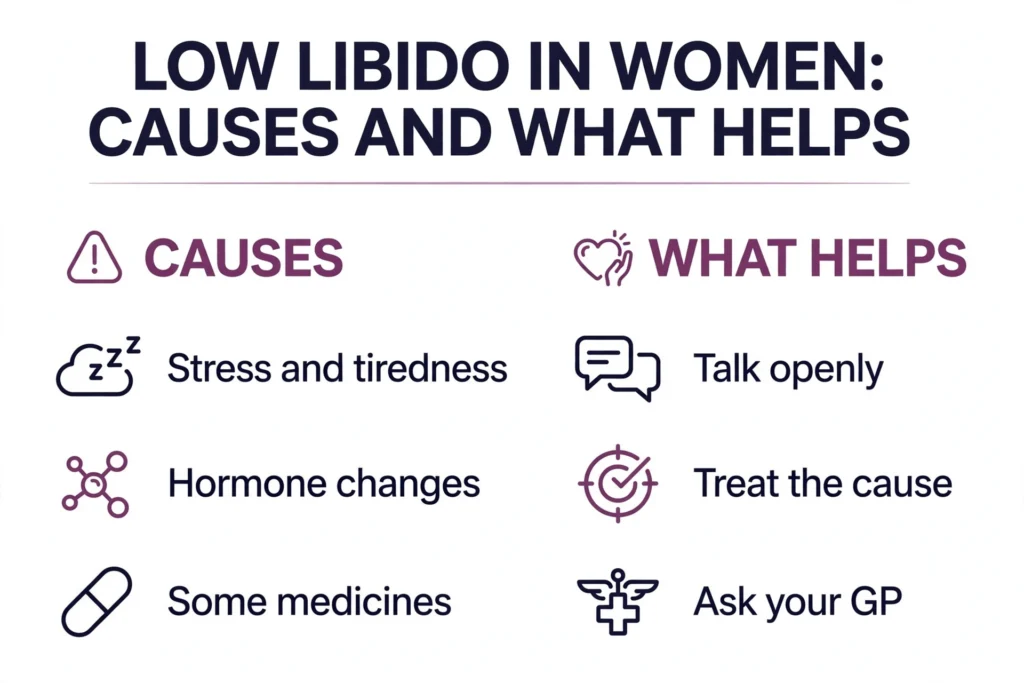 Infographic: causes of low libido in women are stress and tiredness, hormone changes and some medicines; what helps is talking openly, treating the cause and asking your GP