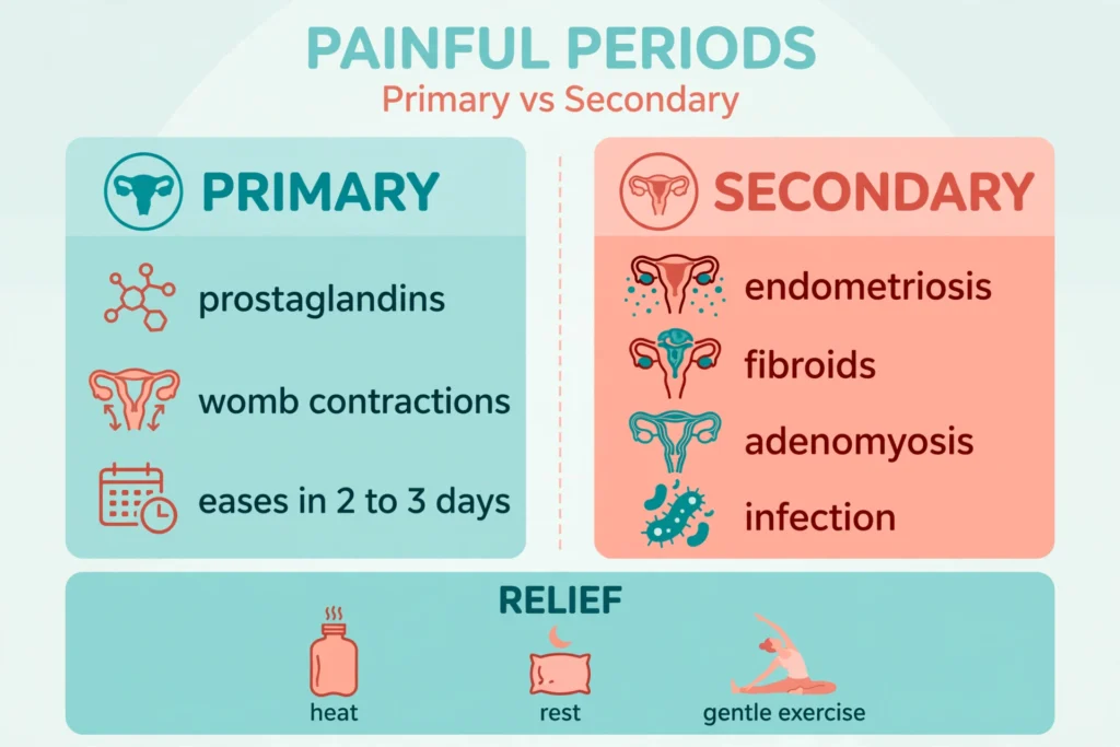 Infographic comparing primary and secondary dysmenorrhoea, with common causes and relief steps for painful periods