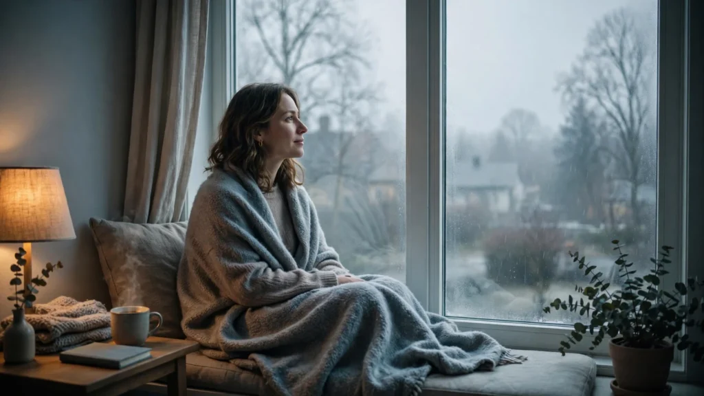 A person sitting by a large window on a grey winter morning, with warm lamplight, illustrating the low light and low mood of seasonal affective disorder