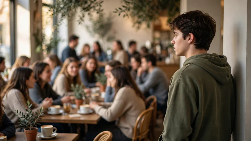 Person feeling anxious in a crowded social setting