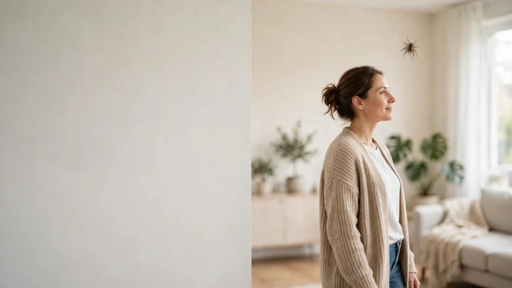 A calm woman standing at a comfortable distance in a bright living room, looking towards a small house spider on the far wall