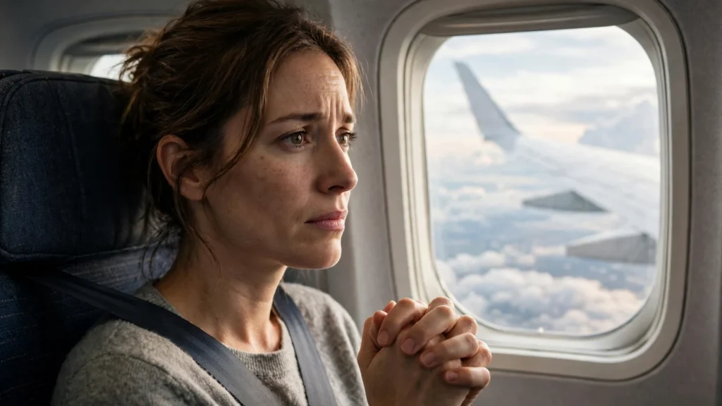A nervous airline passenger sitting by an aeroplane window, looking out at clouds and the wing during a flight