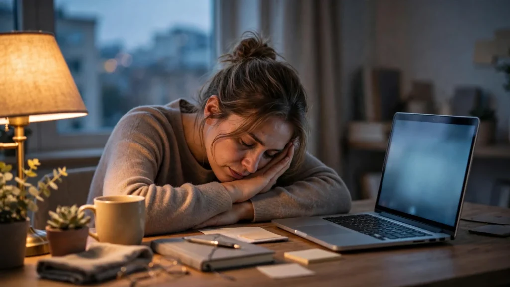 An exhausted woman resting her head on her hands at a desk at dusk, laptop open beside her, illustrating burnout