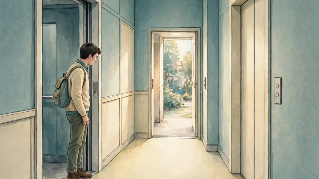Calm illustration of a person pausing at the entrance to a narrow lift corridor, with soft light from an open doorway ahead