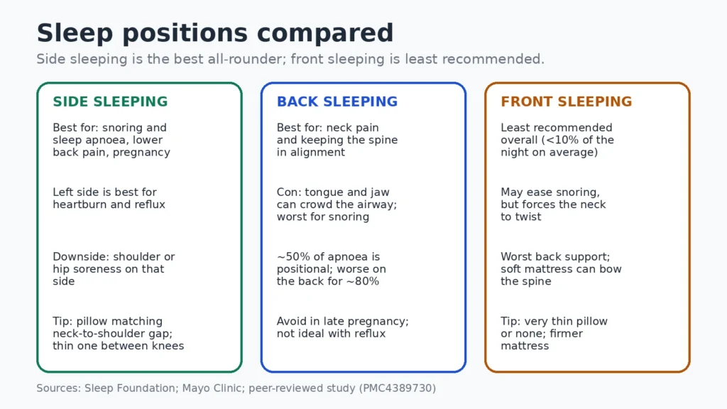 Chart comparing side, back and front sleeping positions: side is best for snoring, back pain and pregnancy but can sore shoulders; back suits the neck but worsens snoring and apnoea; front is least recommended and strains the neck