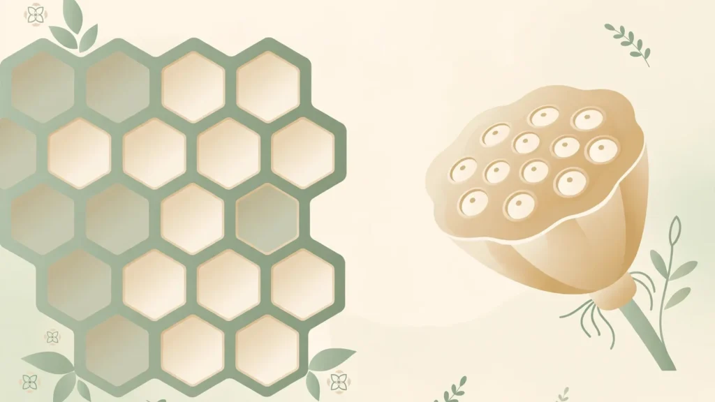 Calm educational illustration of a honeycomb pattern beside a lotus seed pod in soft sage-green and cream tones, representing the clustered holes that trigger trypophobia
