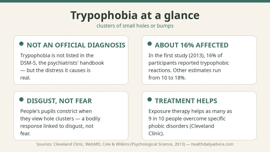 Infographic summarising key facts about trypophobia: it is not a DSM-5 diagnosis; about 16 per cent of people reported reactions in the first study; the core feeling is disgust rather than fear; and exposure therapy helps as many as nine in 10 people with specific phobic disorders