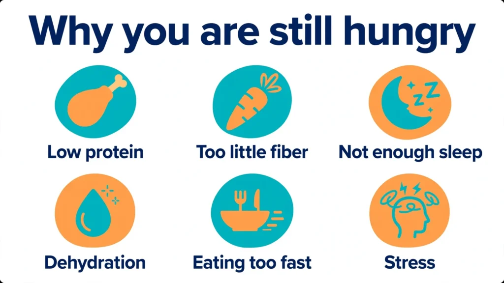 Infographic: six common reasons you are still hungry after eating — low protein, too little fiber, not enough sleep, dehydration, eating too fast, and stress