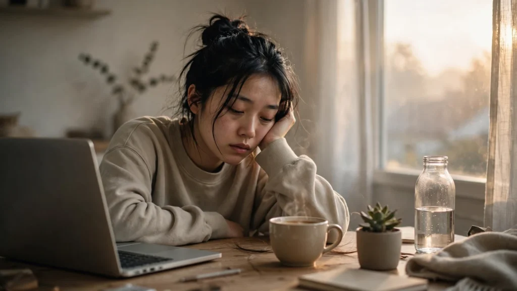 An exhausted adult mid-yawn at a desk in warm morning light, a coffee mug nearby — an image for the article Why Am I Tired All the Time?