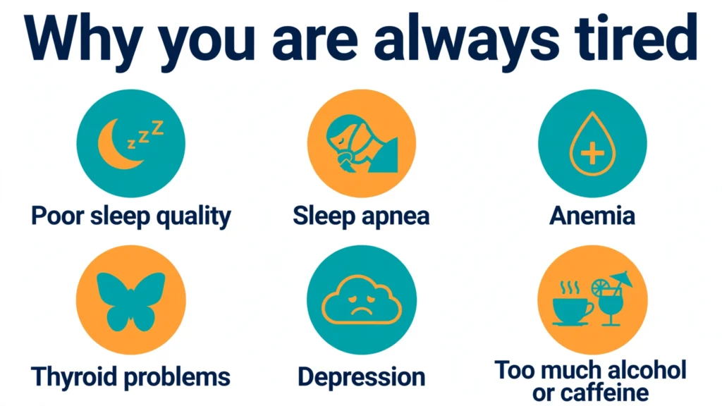 Infographic titled Why you are always tired, with six panels: poor sleep quality, sleep apnoea, anemia, thyroid problems, depression, and too much alcohol or caffeine