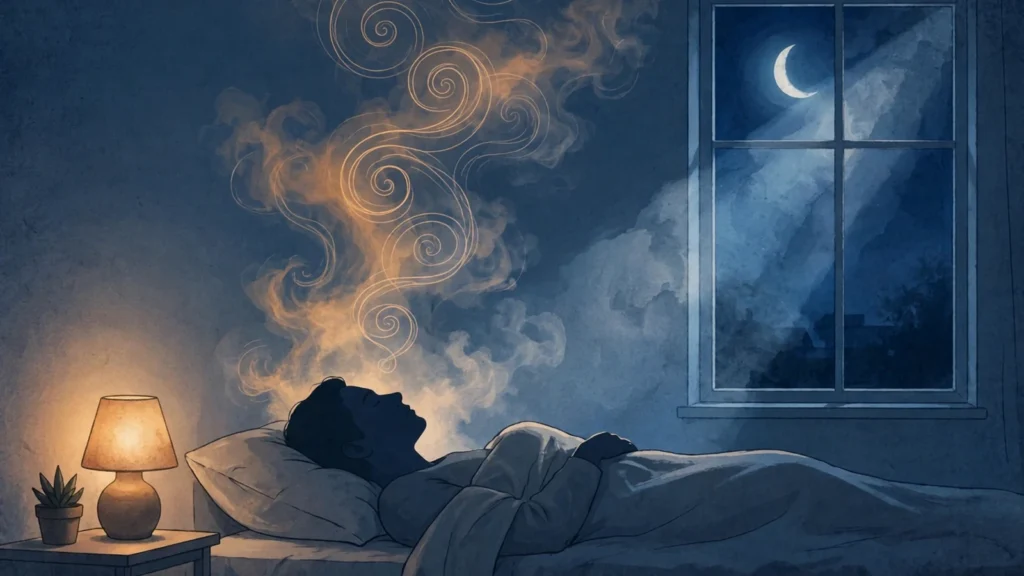 Serene editorial illustration of a person lying in bed at night with thought spirals dissolving into soft mist above them