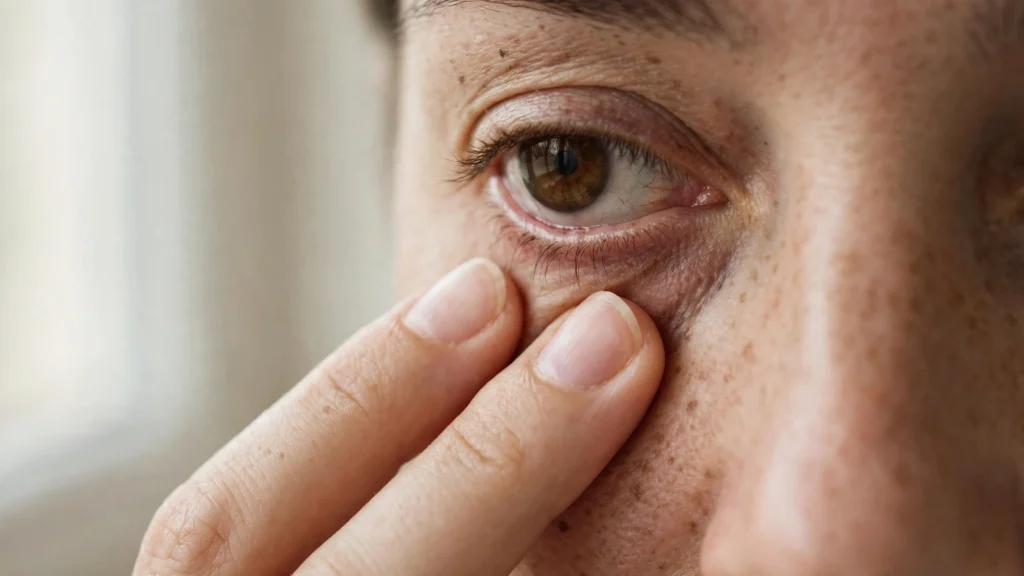 Close-up of a woman gently pressing a finger against her twitching lower eyelid, illustrating the article about why eyes twitch